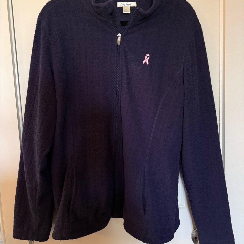Lady Hagen Navy Fleece Jacket with Pink Ribbon Embroidery